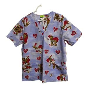 Scooby-Doo Scrub Medium Blue Valentines Nurse Front Double Pockets Cartoon